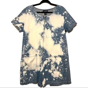 90s Vintage Denim Zip Up Jumpsuit/Romper Bleached Splattered Sz L